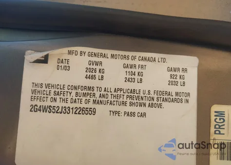 2003 Buick Century Custom from USA, damaged, VIN 2G4WS52J331226559